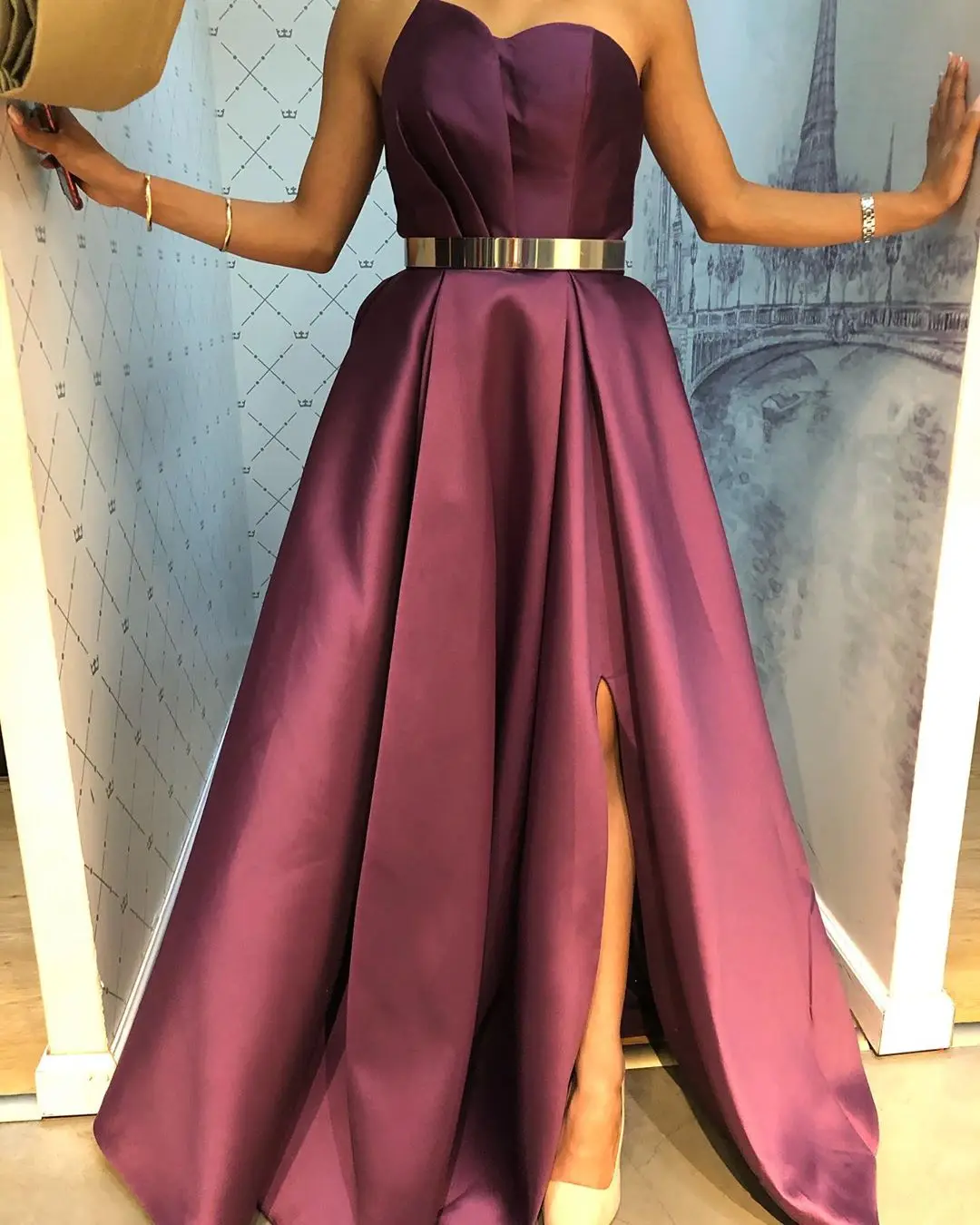 

Purple Evening Dresses Long Satin A-Line Sweetheart Sleeveless High Split Formal Evening Dress Formal Gowns Vestidos de festa