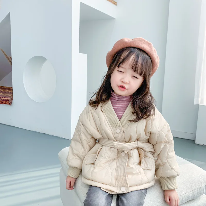 

CHILDREN'S Cotton Wear 2019 Autumn And Winter Girls Korean-style Thin Cotton Overcoat Children Slim Belt Cotton-padded Clothes W