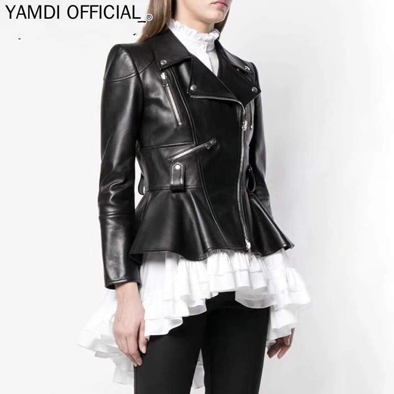 Женская куртка на молнии YAMDI черная однотонная с рюшами осень и зиму 2019|Кожаные