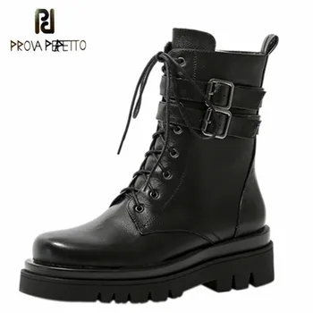 

Prova Perfetto Sexy Ankle Boots Women Lace-Up Round Toe Zipper-Sid Thick Bottom Boots 2020 Autumn Genuine Leather Botas Mujer