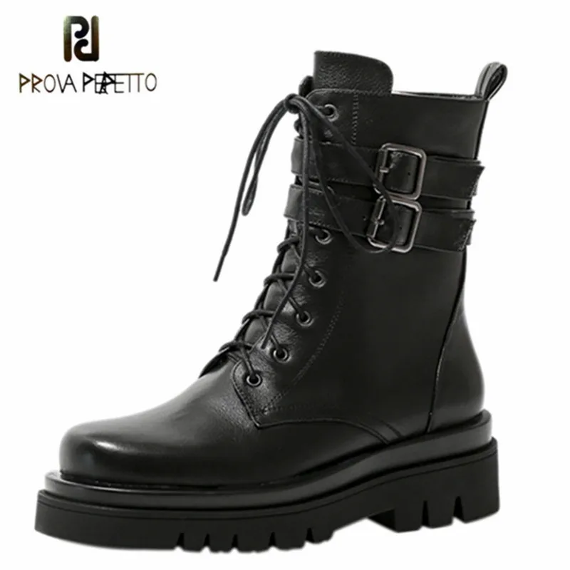 Prova perfetto sexy ankle boots feminino laço-up dedo do pé redondo com zíper-sid botas de fundo grosso 2020 outono couro genuíno botas mujer