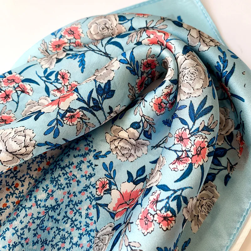 OMEA 100% Silk Scarf Women Blue Floral Handkerchief Fashion Luxury Patchwork Small Square Hijab Scarf Korean Bandana Hair Scarf