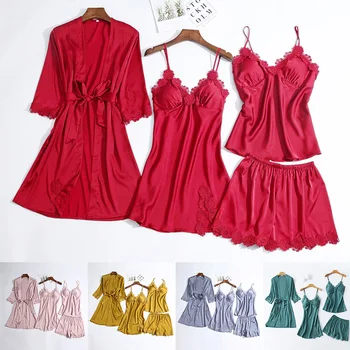 

Women Pajamas 4 Pieces Satin Sleepwear Pijama Silk Home Wear Home Clothing Embroidery Sleep Lounge Pyjama With Chest Pads