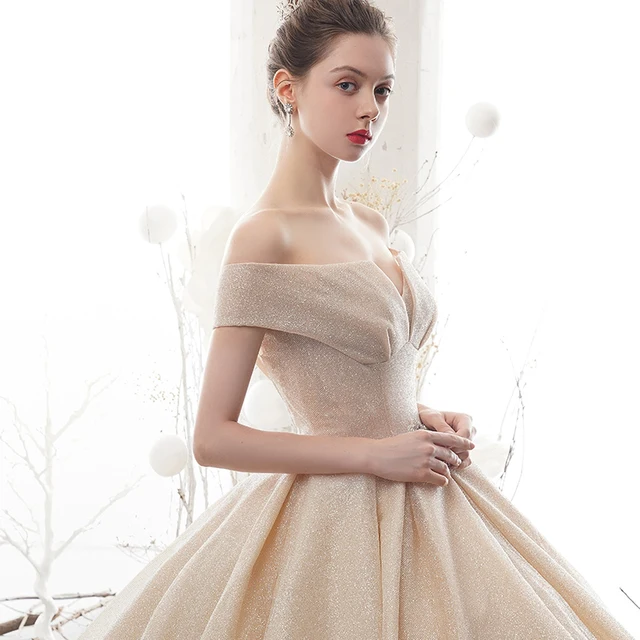 LDR37 Champagne Off-shoulder Simple Wedding Dress 2021 New Elegant Trailing Tube Top Dress 2020 Women's Gorgeous Wedding Dress 3