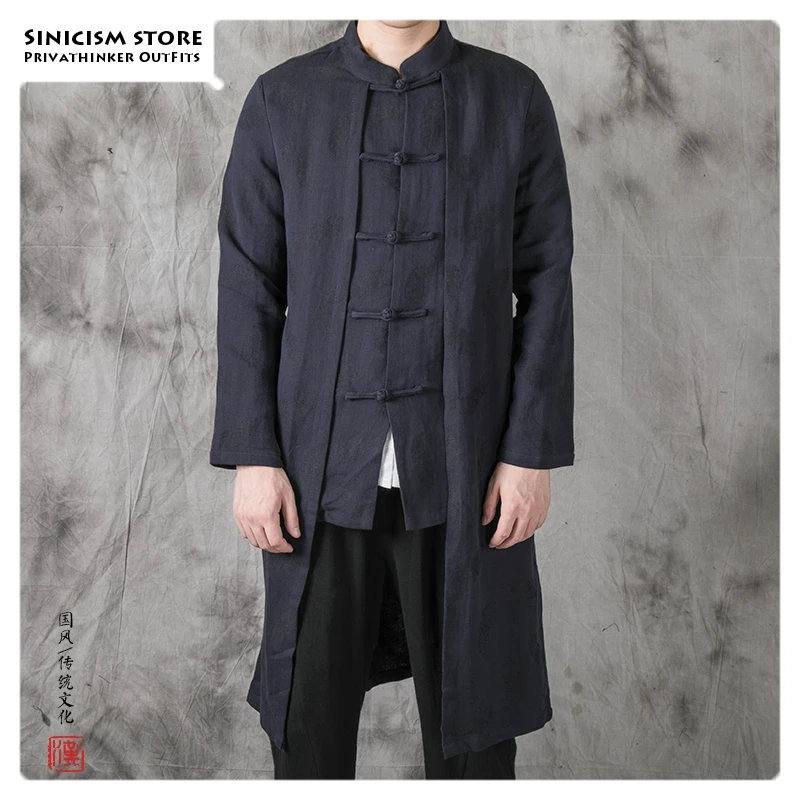 Sinicism Store, китайский стиль, с пряжкой, Тренч, мужской, однотонный, винтажный, осенний, длинный, мужской Тренч, большой размер, хлопок, лен, мужское пальто