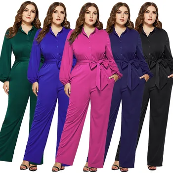 

Plus Size Jumpsuit for Women Loose Solid Playsuit Office Lady Romper Long Sleeve Party Elegant Jumpsuits Pockets Wide Leg Pants