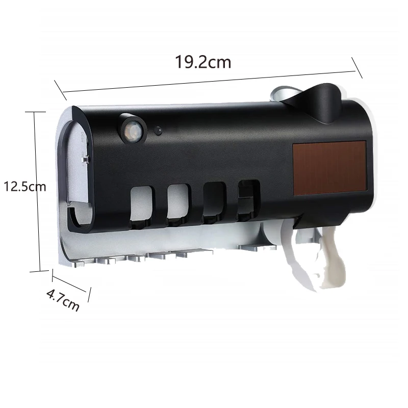 Светодиодный ультрафиолетовая зубная щетка стерилизатор Автоматическая зубная паста диспенсер с настенным креплением с инфракрасной индукцией солнечной зарядки ванной комнаты - Цвет: Черный
