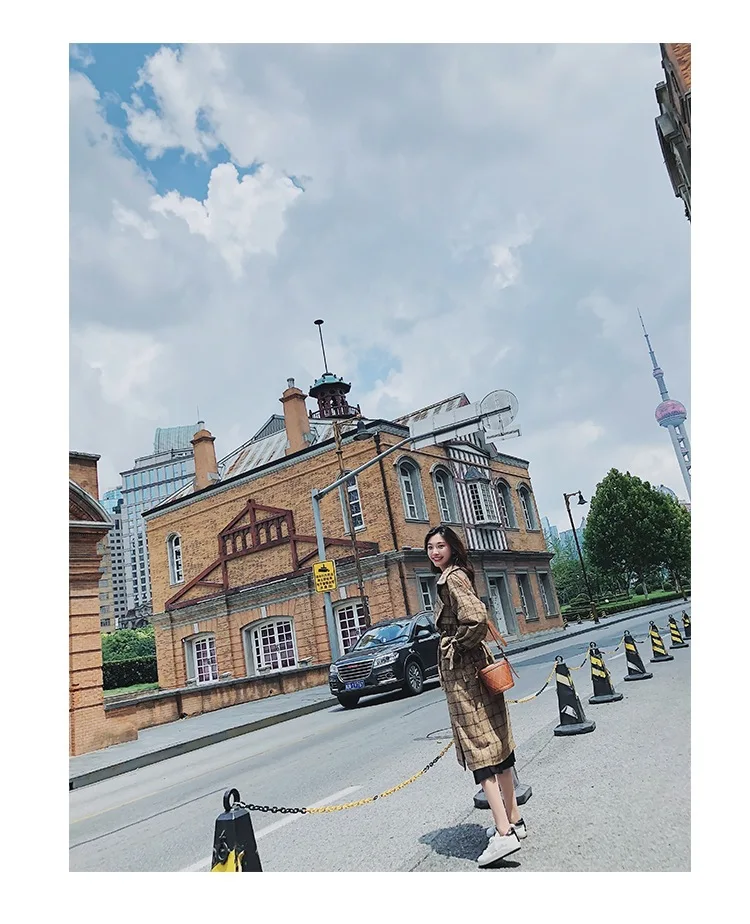 Шикарное шерстяное пальто в клетку кофейного цвета в стиле ретро для фотосессии, женское облегающее однобортное длинное пальто INS