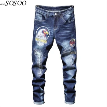

New Men Jeans 100% Cotton Classic Owl Embroidery Beggars jeans Trousers Cool Top Quality Fashion Men Jeans Free shipping #2032