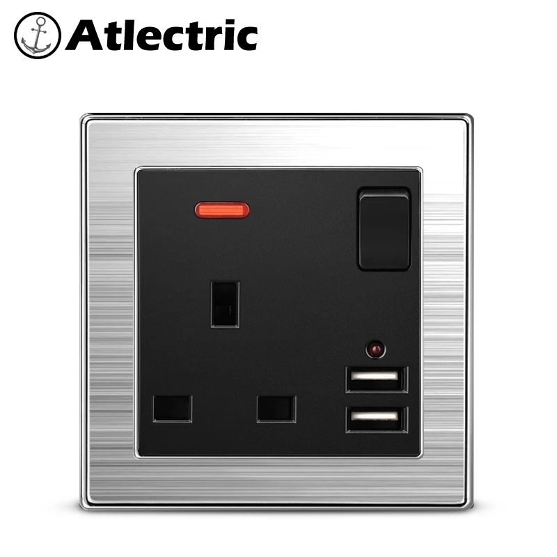 

Atlectric UK Standard Plug Socket 13A Dual USB Charging Port Power Wall Outlet Socket With Switch Stainless Steel Panel