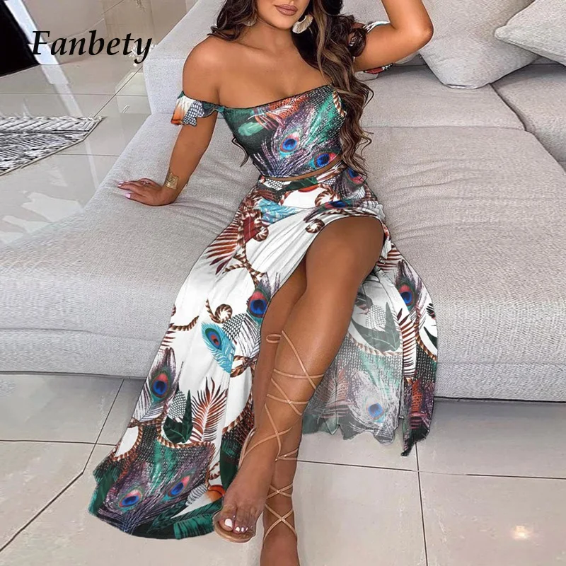 Trajes de falda informal para mujer, Tops sexys elegantes con hombros descubiertos y trajes de vestido largo dividido, conjuntos de dos piezas con estampado Floral a la moda