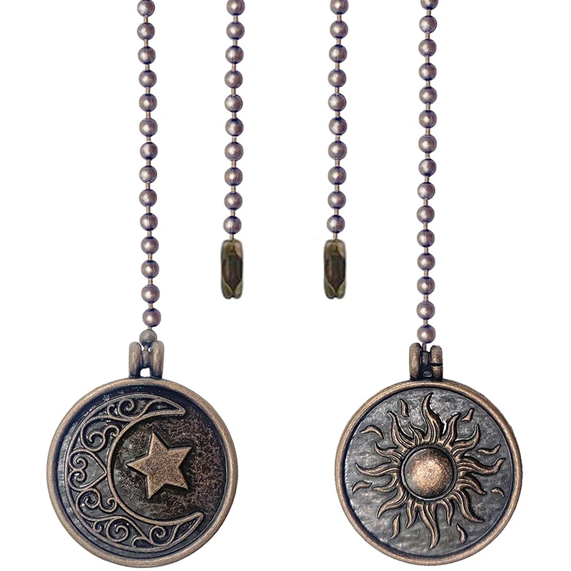 2Pcs Ceiling Fan Pull Chain Set Sun & Moon Pattern Pull Chains Extension Copper Beaded Ball Fan Chain with Ornament ceiling fan chain extension
