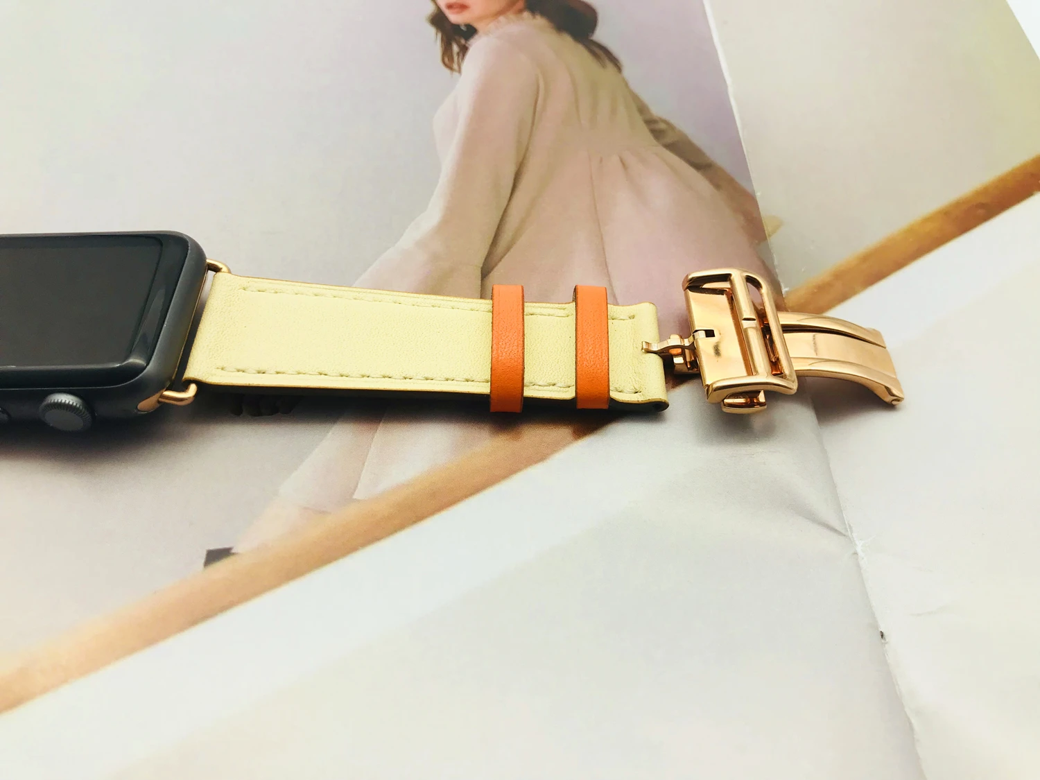 Herm Logo, розовое золото, натуральная кожа, один тур, браслет для часов Apple Watch Series 5 4 44/40 мм, замена для iWatch