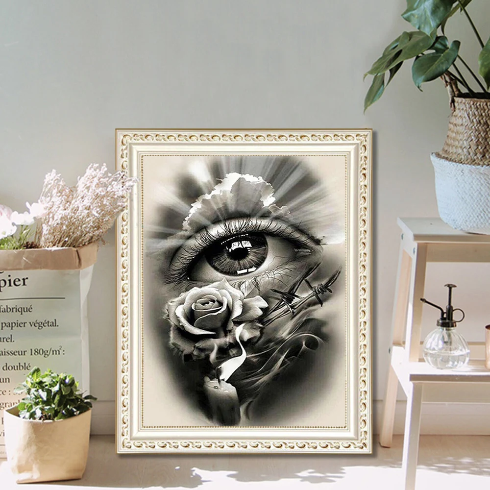 MomoArt Diamond Painting Full Diamond Painting Eye Picture Rhinestone Clock Diamond Embroidery Flower Mosaic Black White Home Decor