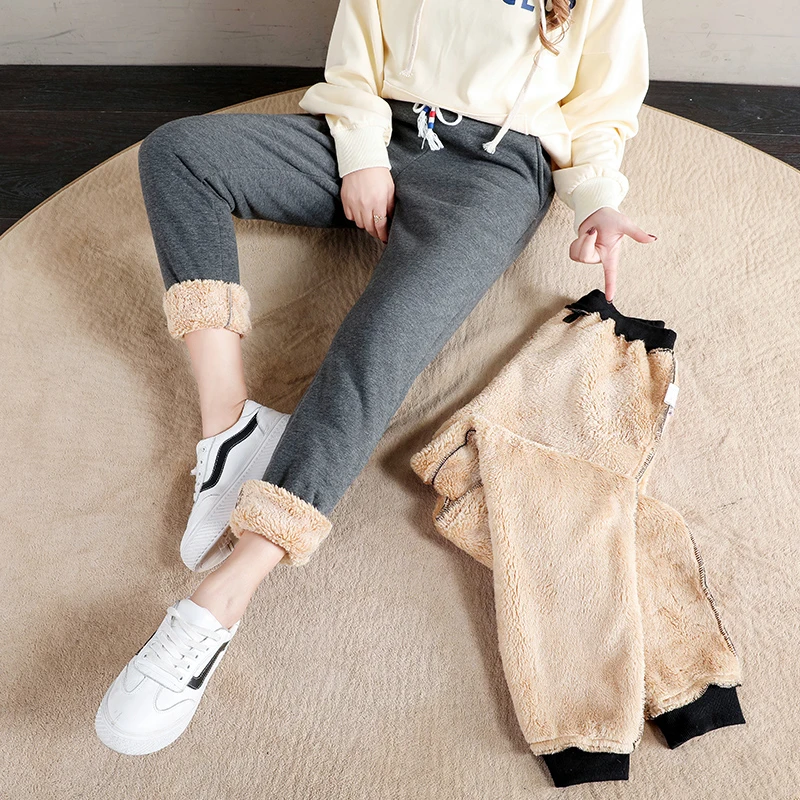 OUMENGKA Women Winter Thick Lambskin Cashmere Pants Warm Female Casual  Cotton Pants Loose Harlan Long Trousers S-5XL 3XL 4XL