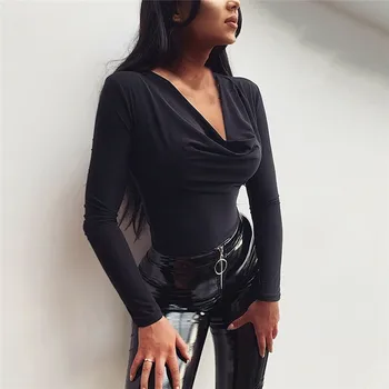

Ladies' Playsuit New Solid Color Long Sleeves Slim Casual Bodysuit Female Sexy V-neck Autumn Thin Leotard Jumpsuit Women Rompers