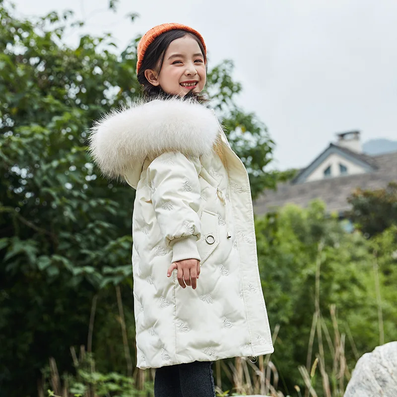 

Girl Parkas For Kids Down Coat Fashion Real Fur Collar Embroidery Long Thicken Warm Winter Jackets for Teenage Girls Outerwear
