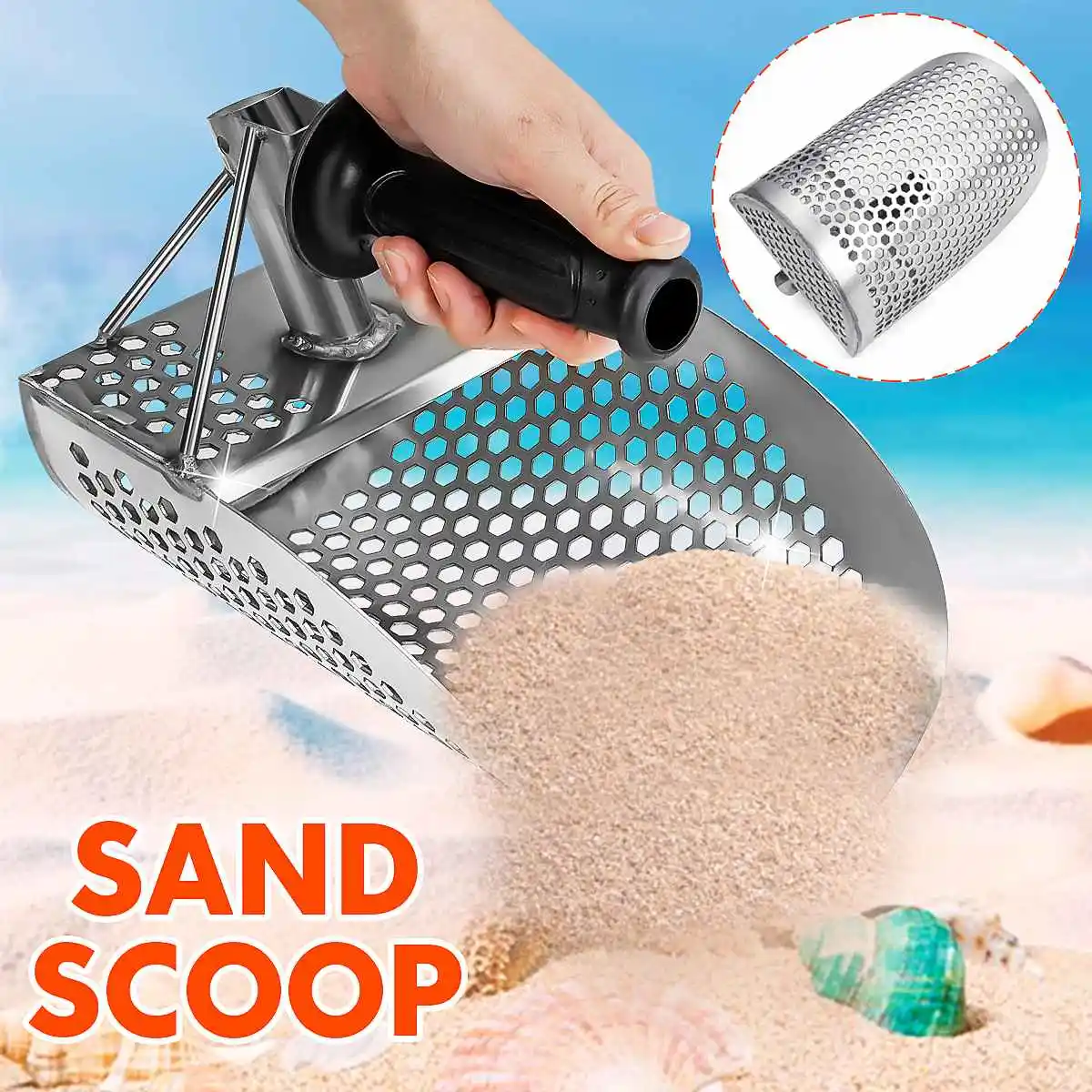 

Stainless Steel Sand Scoop with Handle Metal Detector Shovel Large Beach Water Hunting Detecting Tool