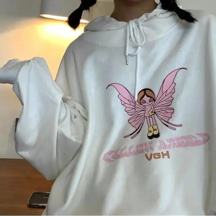 

Kawaii Womens Loose Butterfly print Streetwear Sweatshirts Hoodies Women Hooded Kawaii Harajuku Oversize Pullovers Korean y2k