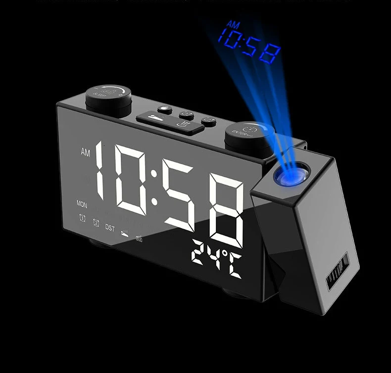 Digital FM Radio Alarm Clock With Projection Led Desk Clock Snooze Function Temperature Display USB Charger Table Despertador