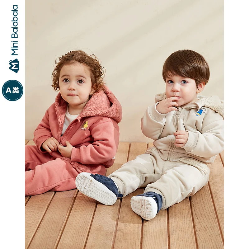 Minibalabala Baby long sleeve suit boys and girls baby quilted plus velvet two-piece suit 2019 wint