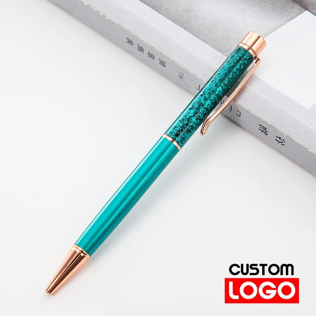 Creative Gold Foil Oil Pen Crystal Wafer Pen High-grade Metal Signature Pen Custom LOGO Lettering Engraved Name Stationery Peacock blue