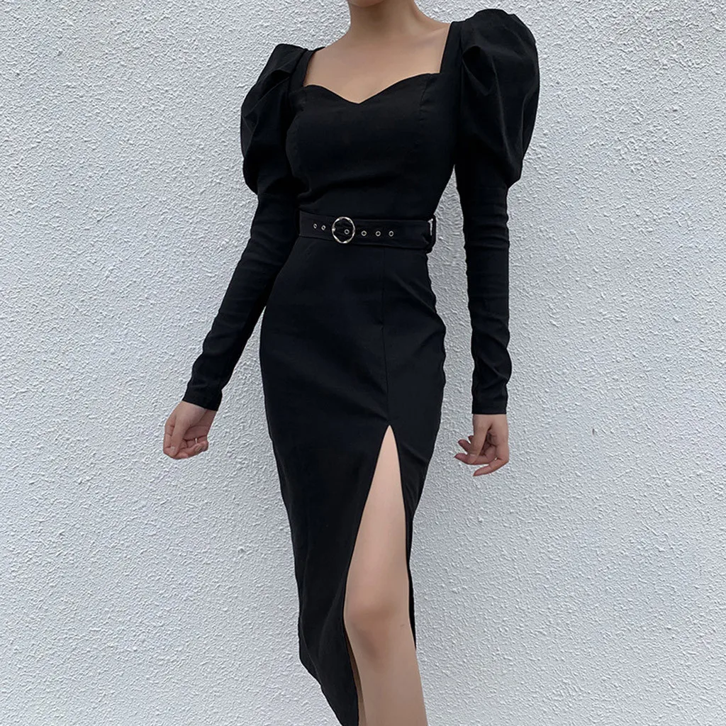 Vestidos, Дамское платье в стиле панк, с поясом, с длинными рукавами, однотонное, с пышными рукавами, с квадратным воротником, пикантное платье с разрезом, платье женское