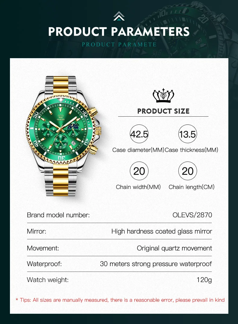 OLEVS Men's Watch Quartz Waterproof Stainless Steel Watch Green Sport Wrist Watch for Men Reloj hombres