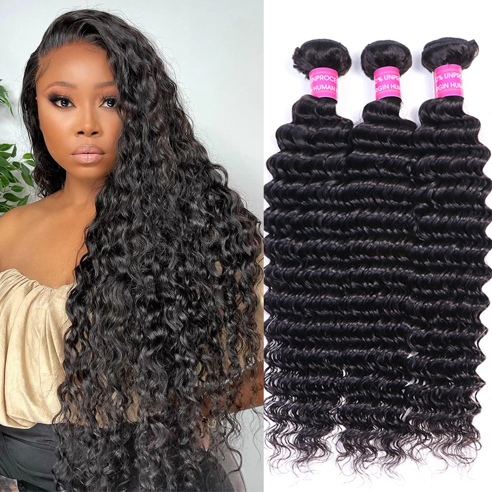 30 inches Deep Wave Bundles Hair Weaving extension 8-30 double weft long deep curly wave Braizilan | Шиньоны и парики