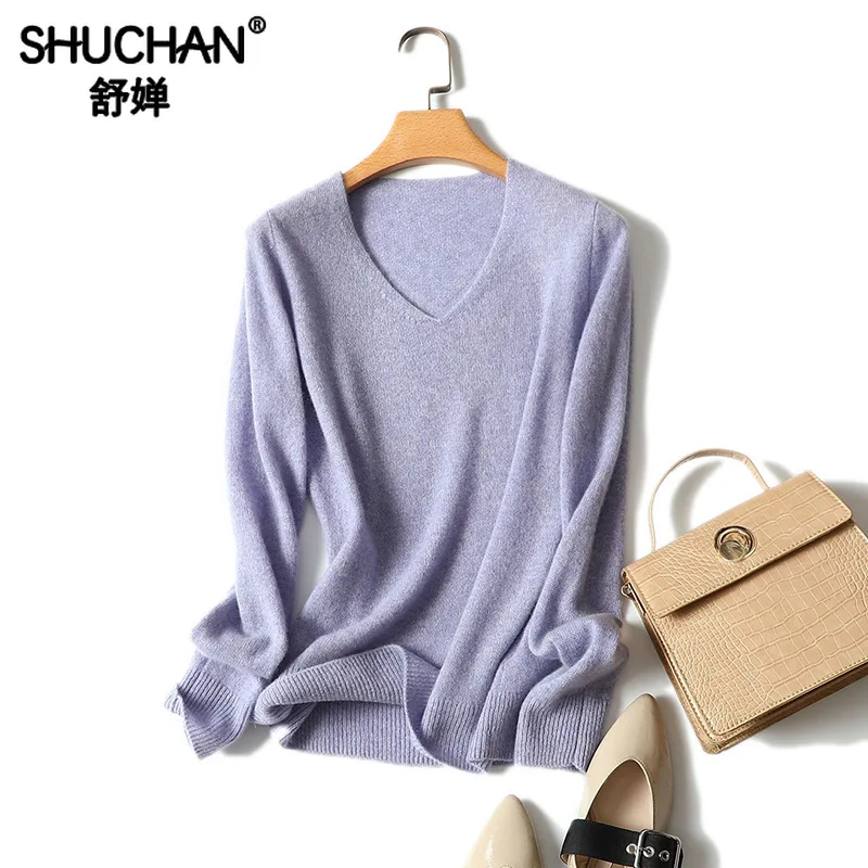 Shuchan Thin Women's Cashmere Sweater Korean V-Neck Top Warm Computer Knitted Casual Solid Cute | Женская одежда
