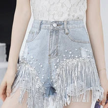 

New High Waist Slim Body Fringed Ripped Beaded Sequin Wide Leg Blue Jeans Shorts Female 2021 Summer Hot Denim Shorts Indie