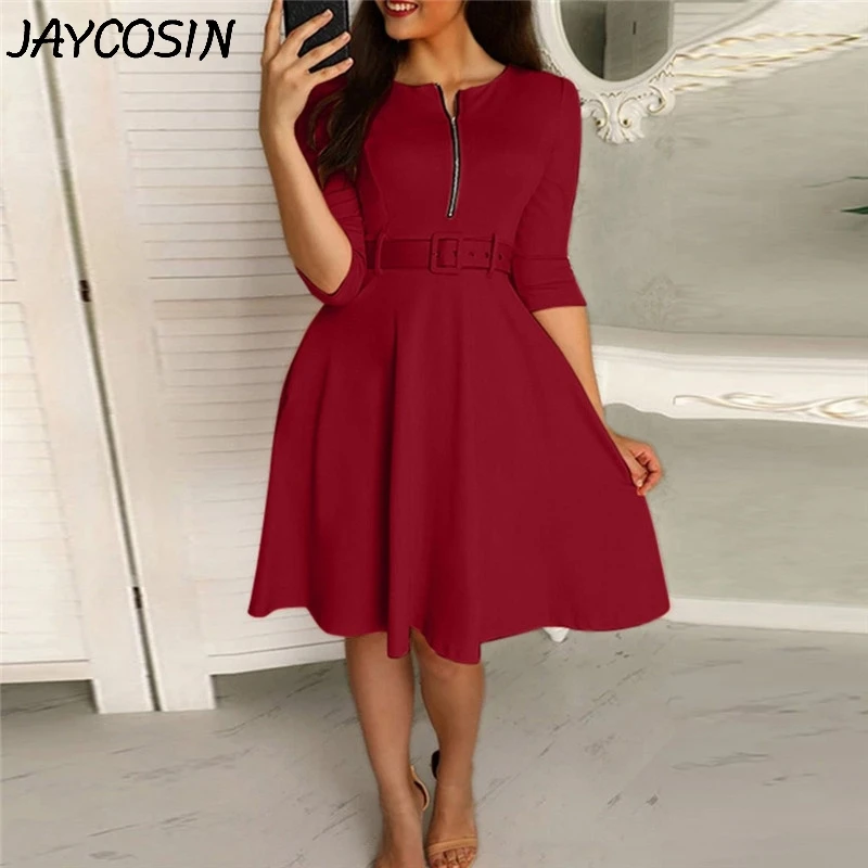 JAYCOSIN, женское платье, однотонное, на молнии, круглый вырез, рукав три четверти, пояс, мини платье, осень, повседневное, а-силуэт, Платья для вечеринок