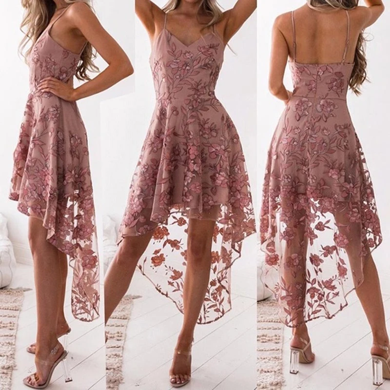Женское вечернее платье на бретельках элегантное розовое кружевное с цветочной