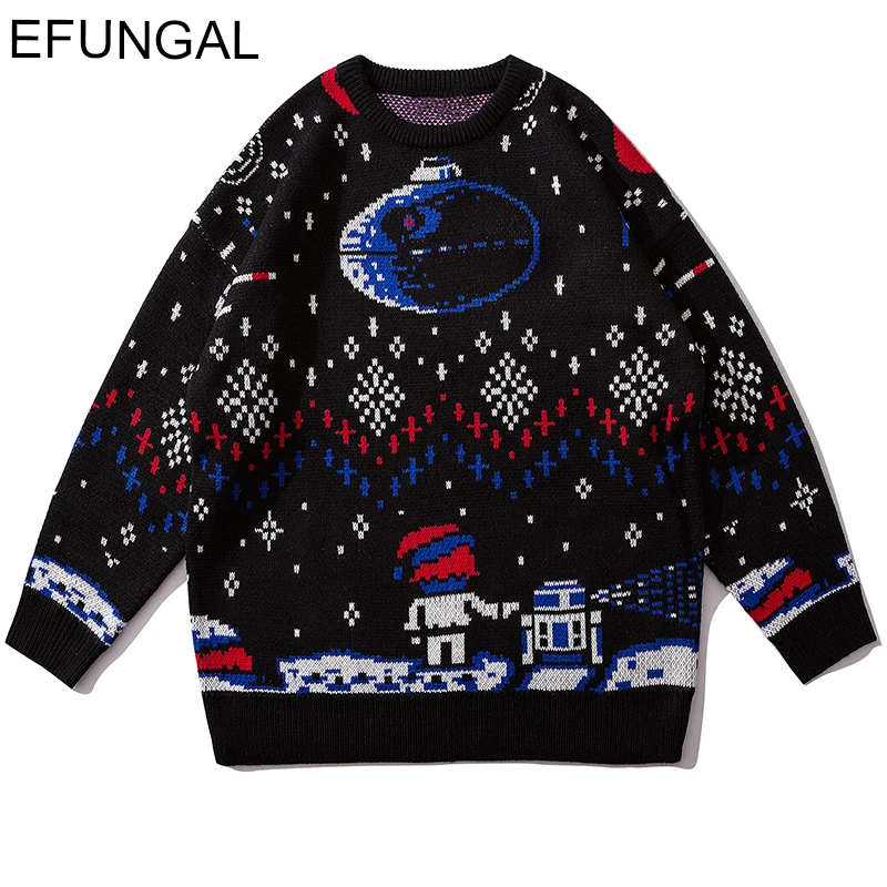 

EFUNGAL Colorful Print Casaul Pullover Sweater Men Hip Hop Knitwear Autumn Winter Streetwear Long Sleeve Knit Christmas Sweaters