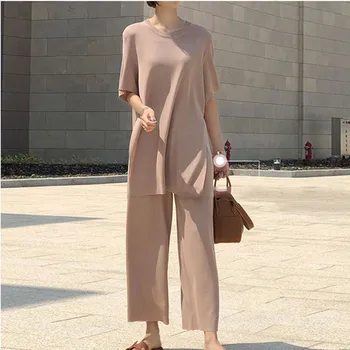

Temperament Female Sweater Pantsuit For Women Two Piece Set Knitted Pullover O-neck Short Sleeve Top Wide Leg Pants Loose Suit