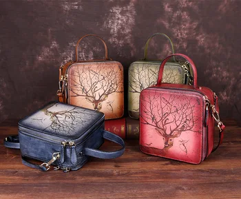 

New fashion ins lady messenger bag leather bag ancient country style small square bag head layer cowhide embossed creative bag
