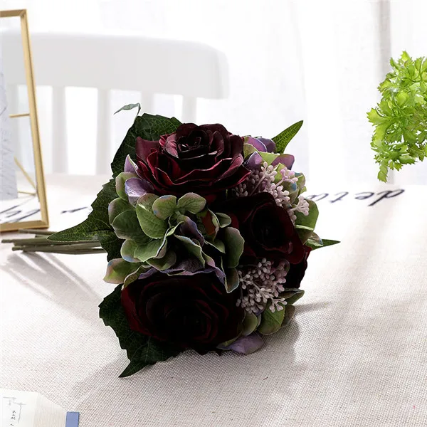 YO CHO Wedding Flowers Aritificial Roese Birdal Bouquet Artifical Silk Hydrangea Flowers for Home Party Decor - Цвет: Wine-red
