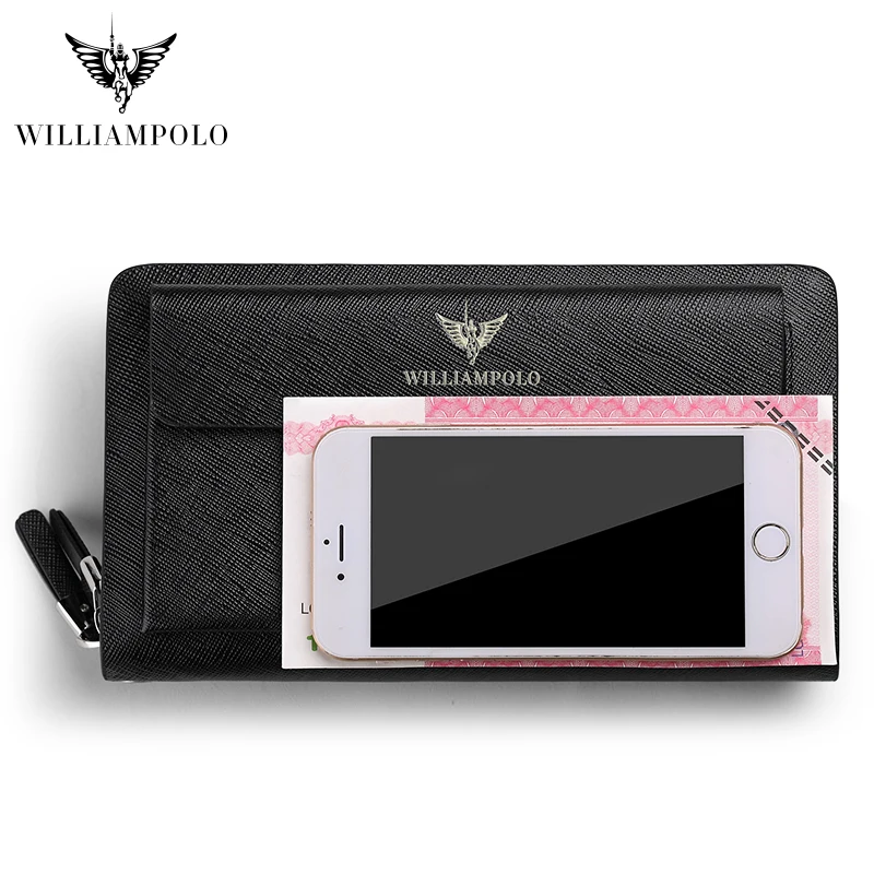 Business Genuine Leather Wallet Long Double Zipper Wrist Men Phone Wallet Purses Cowhide Luxury Brand High Capacity Clutch Bag 6
