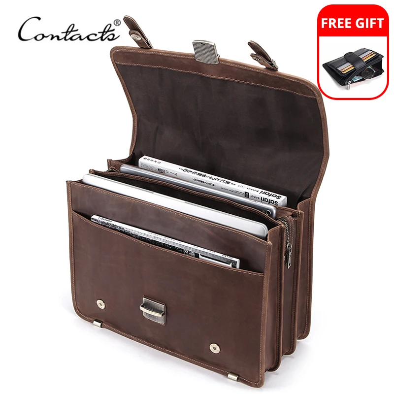 CONTACT'S Men's Bag Crazy Horse Leather Briefcase Men Business Bag For 14" Laptop Quality Leather Shoulder Messenger Bags Male