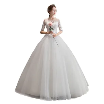 

Feerijt 2020 New Classic O Neck Half Sleeve Wedding Dress Beautiful Lace Illusion Plus Size Bride Ball Gown Vestidos De Novia