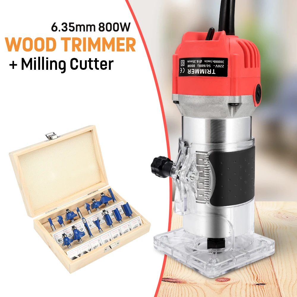 

Electric Hand Wood Trimmer Wood Router 6.35mm Collet Carving Machine + Router Bits Milling Cutter Woodworking Power Tools