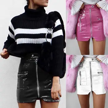 

2020 wwSexy Women Front Zipper Faux Leather High Waist Bodycon Club Mini Pencil Skirt