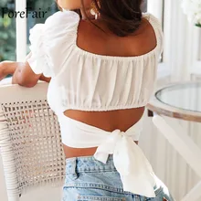 Forefair fora do ombro babados blusa camisa bandagem sem costas das mulheres com decote em v camisa de manga curta topo verão elegante senhoras blusas(China)