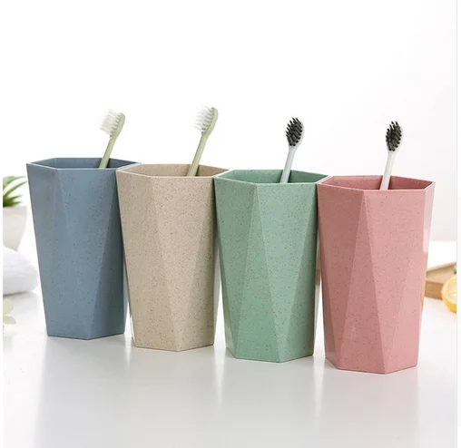 

4 Colors Nordic Wheat Straw Toothbrush Holder Water Cup Geometry Solid Color Mouthwash Tumblers Household Bathroom Accessories