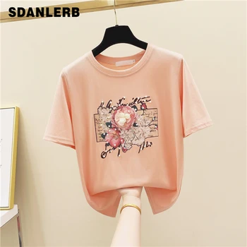 

Women's T-shirt Beaded Printing Three-Dimensional Flowers Cotton Short Sleeve T-shirt Female Summer Top Loose T Shirts Students