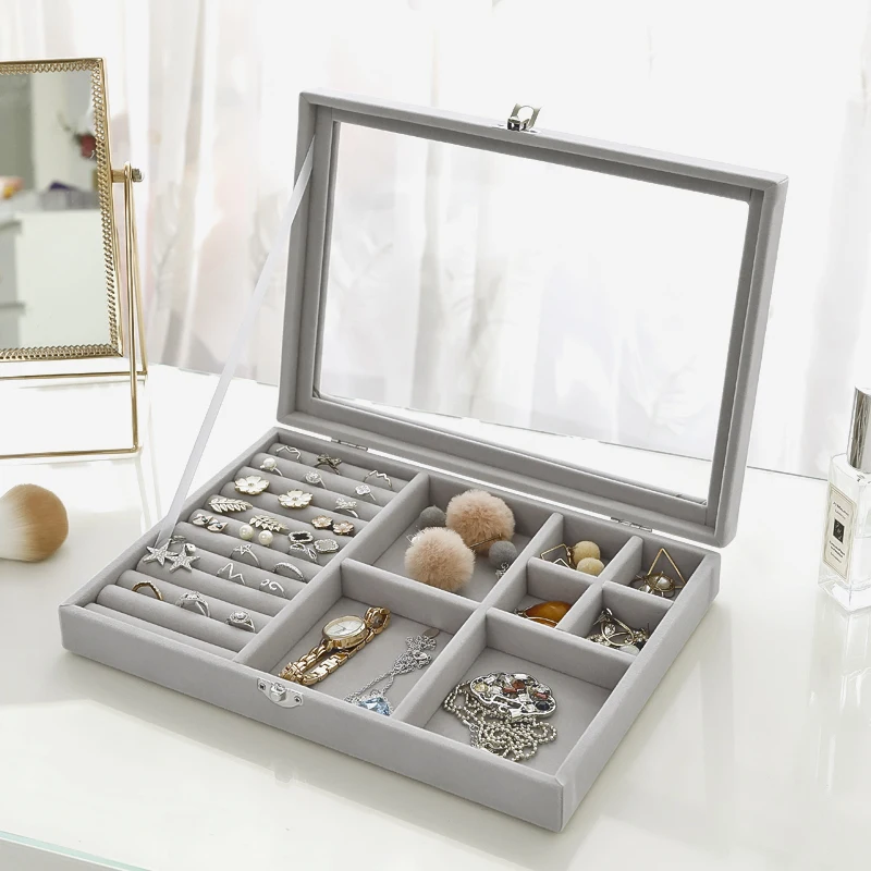 Velvet Glass Ring Jewelry Display Organizer Case Tray Earring Storage Box Holder 