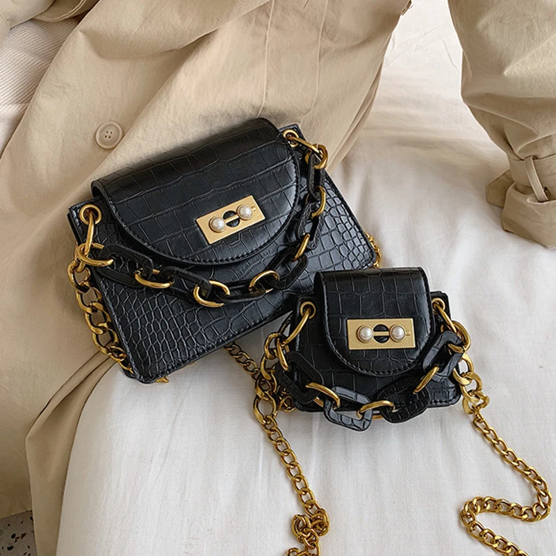 

Exquisite Stone Pattern Women's Shoulder Bags Acrylic Chain Pearl Buckle Mini Hand Bags for Women Simple Pu Solid Messenger Bag