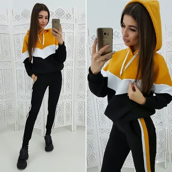 

Women 2 Pcs Running Set Autumn Hoodies Pants Tracksuit Sports Fitness Casual Hoodies Patchwork Sportswear Sets