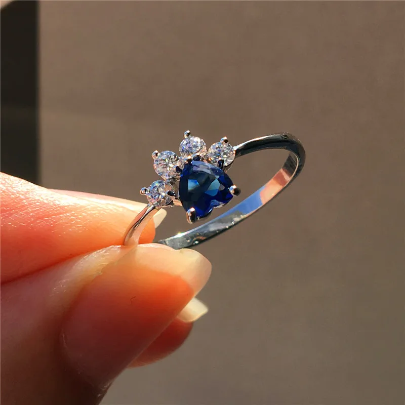 Милое женское кольцо с зеленым синим цирконием, модное серебряное кольцо с собачкой, кошкой, медведем, лапой, когтями, сердце, обручальное кольцо для женщин - Цвет основного камня: Blue