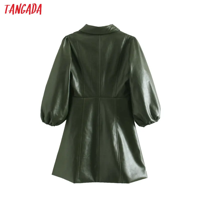 Tangada, женское зеленое мини-платье из искусственной кожи, туника, рукав три четверти, Ретро стиль, элегантное женское платье-рубашка, vestido JE81